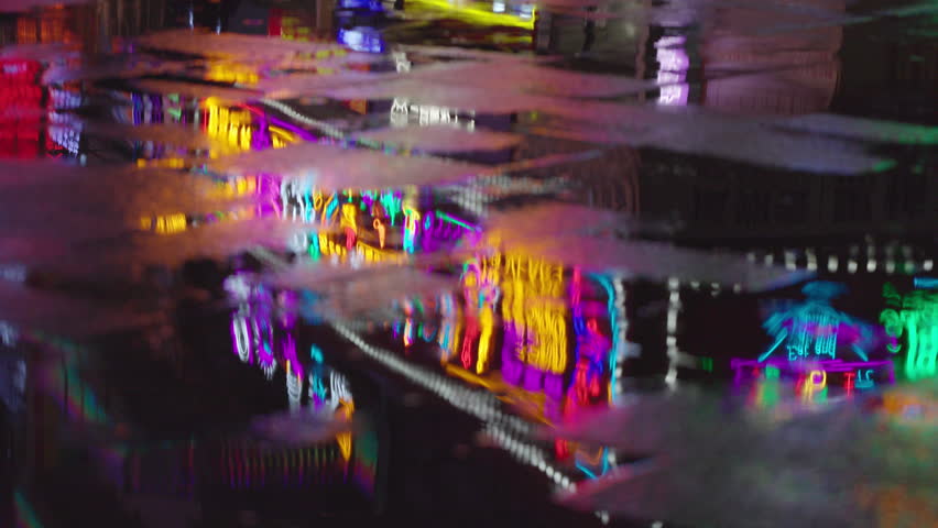 Chongqing cyberpunk city neon street scene in the rain at night reflected in water