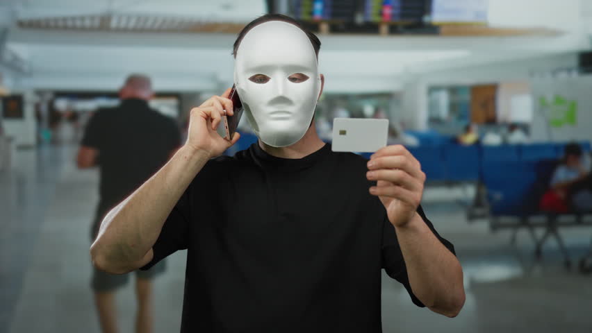 Masked man holding phone and card at airport terminal portraying anonymity, privacy, technology, and travel security indoors with blurred background.