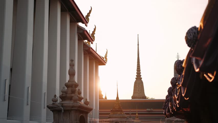 Wat pho temple showing traditional thai architecture and ornate details, vibrant colors. Bangkok, Thailand