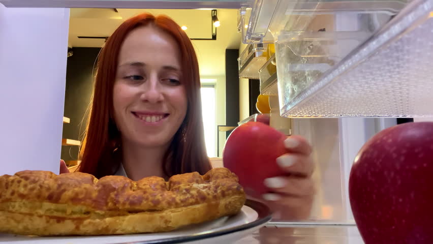 View from inside refrigerator hungry woman at kitchen taking apple over sweet bun dessert,healthy nutrition,diet,weight control,obesity overeating food addiction