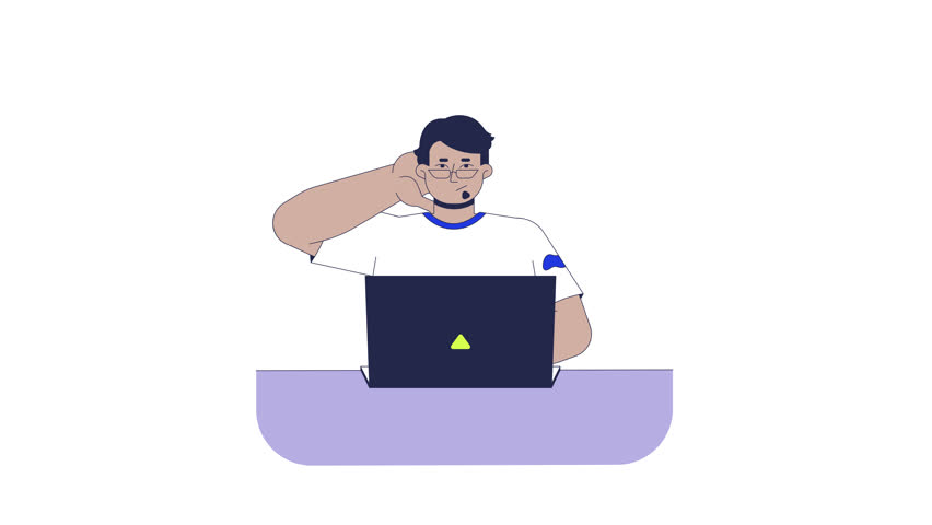Confused arab man using laptop while scratching back of head 2D character animation. Frustrated middle eastern guy with puzzled gesture animated person cartoon 4K video isolated on white transparent