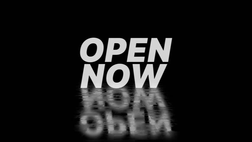 open now text text animation with blackbackground. 4K animation with dynamic glitch distortion effect. seamless effect for trailer, Sales and title poster banner. 
