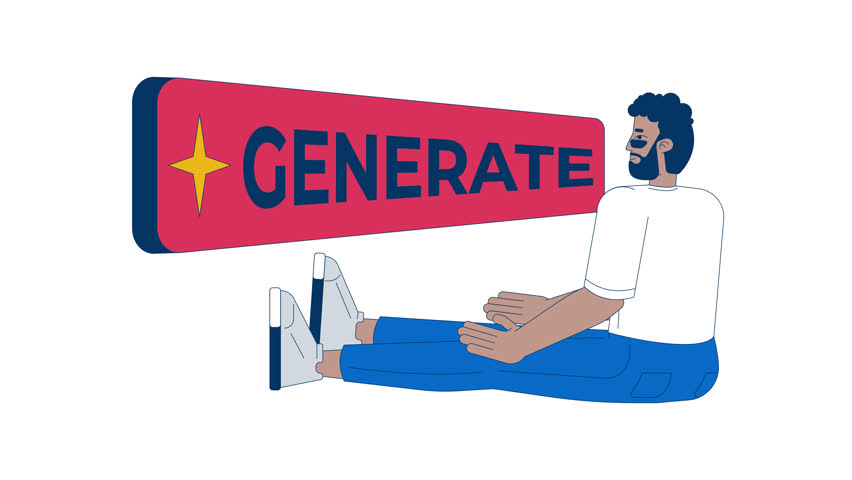 Generative AI for content generation 2D animation. Black man activating artificial intelligence with generate button animated character cartoon flat concept metaphor 4K video isolated on white