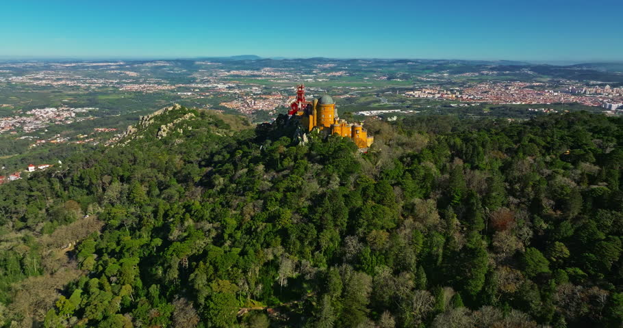 Aerial view of famous historic National Palace of Pena in Sintra, Lisbon, Portugal