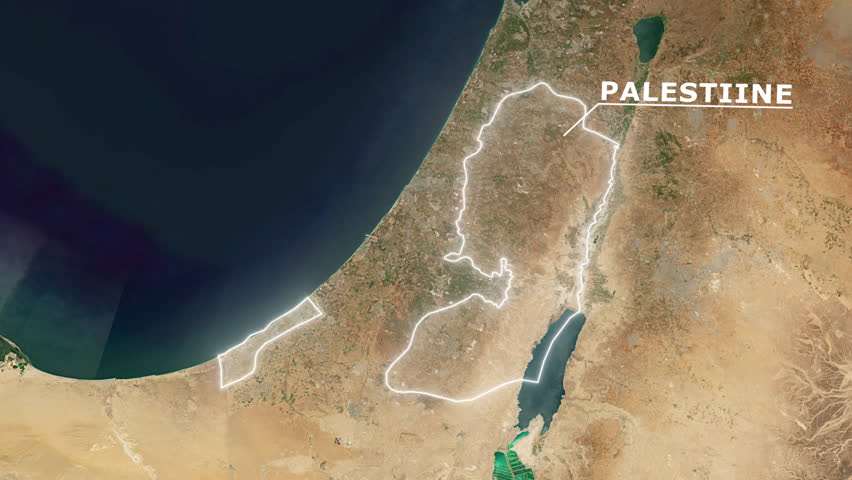 Zoom from Earth to Palestine. Glow outline map animation satellite view with highlighted country borders. Cinematic documentary 3d world map animation highlights aerial views, tourism, and travel. 4k