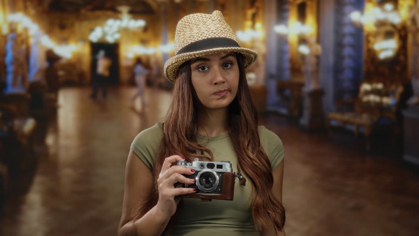 Young hispanic woman in a museum holding a vintage camera, wearing a hat, surrounded by art and elegant decor, creating an immersive indoor tourist experience.