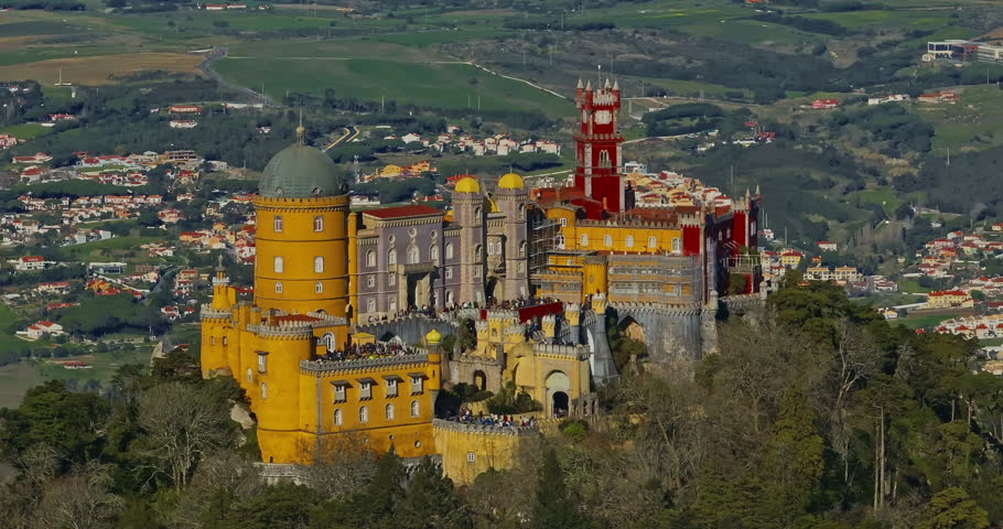 Aerial view of famous historic National Palace of Pena in Sintra, Lisbon, Portugal