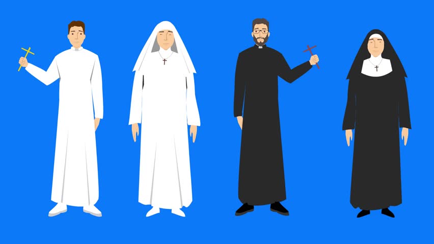 Animated video with two priests in black and white and two nuns also in black and the other in white in their clothes on a blue background, art.