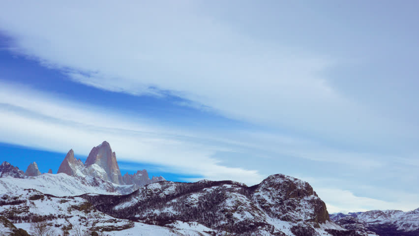Smooth Panover of Mount Fitz Roy and Cerro Torre in a Snowbound Landscape. Los Glaciares National Park, Patagonia, Argentina
