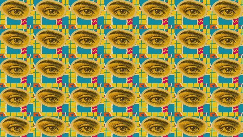 A bold and colorful animated background featuring retro pop-art eyes in a vintage collage style. Designed with seamless looping, textured layers, and dynamic movement in 4K.