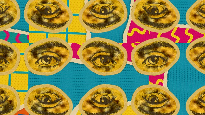 A bold and colorful animated background featuring retro pop-art eyes in a vintage collage style. Designed with seamless looping, textured layers, and dynamic movement in 4K.