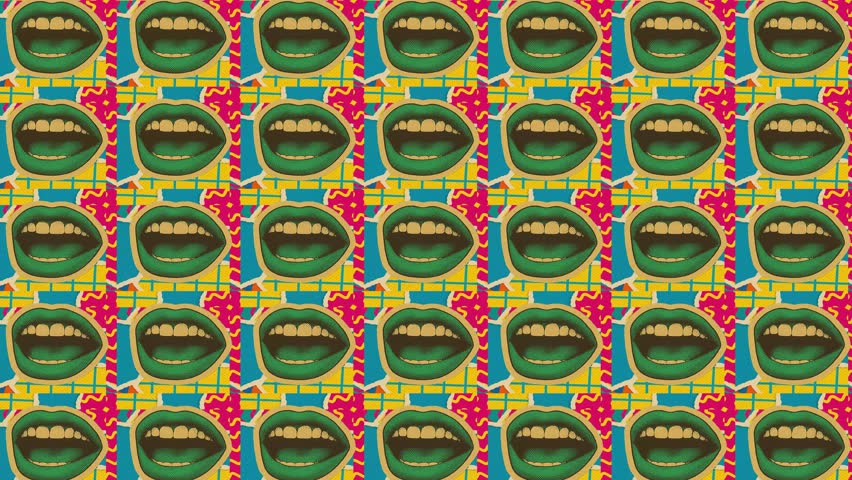 A bold and colorful animated background featuring retro pop-art comic lips in a vintage collage style. Designed with seamless looping, textured layers, and dynamic movement in 4K.