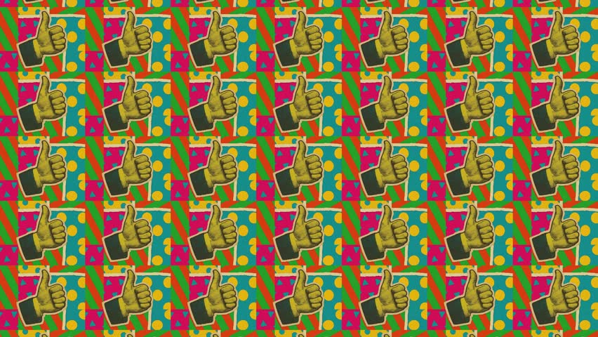 A bold and colorful animated background featuring retro pop-art hands thumbs up in a vintage collage style. Designed with seamless looping, textured layers, and dynamic movement in 4K. - Powered by Shutterstock - Get 15% off with code: PIKWIZARD15