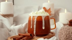 Seasonal drink cacao coffee with whipped cream and cinnamon sticks Thanksgiving and Hello Fall Halloween concept. Celebrating autumn holidays at cozy home on the windowsill atmosphere Autumn leaves - Powered by Shutterstock - Get 15% off with code: PIKWIZARD15
