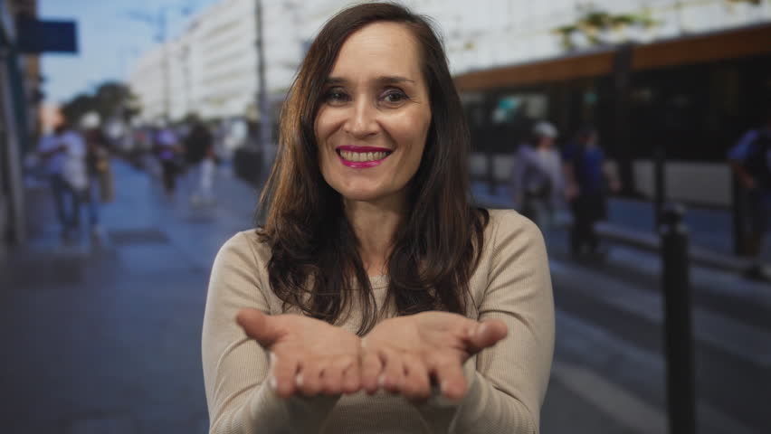 Hispanic woman extends open palms toward camera in a busy urban street scene; invitation openness warmth kindness.