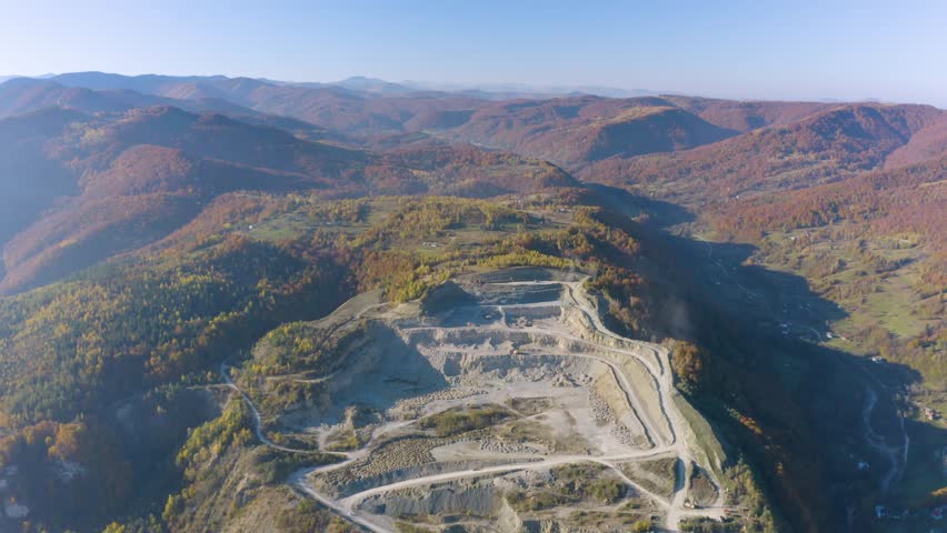 autumn, drone, flight, aviation, aerial, mina, destruction, resource, exploitation, road, limestone quarry, stone quarry, land, ecology, excavating, exploiting, stones, excavators, rock, europe, mine,