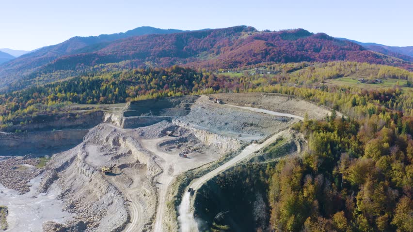 autumn, drone, flight, aviation, aerial, mina, destruction, resource, exploitation, road, limestone quarry, stone quarry, land, ecology, excavating, exploiting, stones, excavators, rock, europe, mine,
