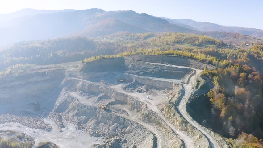 autumn, drone, flight, aviation, aerial, mina, destruction, resource, exploitation, road, limestone quarry, stone quarry, land, ecology, excavating, exploiting, stones, excavators, rock, europe, mine,