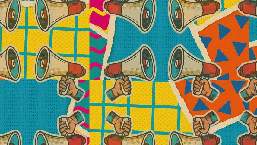 A bold and colorful animated background featuring retro pop-art bullhorn in a vintage collage style. Designed with seamless looping, textured layers, and dynamic movement in 4K.