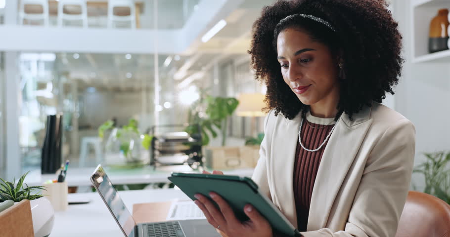 Tablet, thinking and business woman in office for insurance broker, policy premium or reflection. Risk assessment analyst, digital planning and vision with person reading in agency for cover benefits