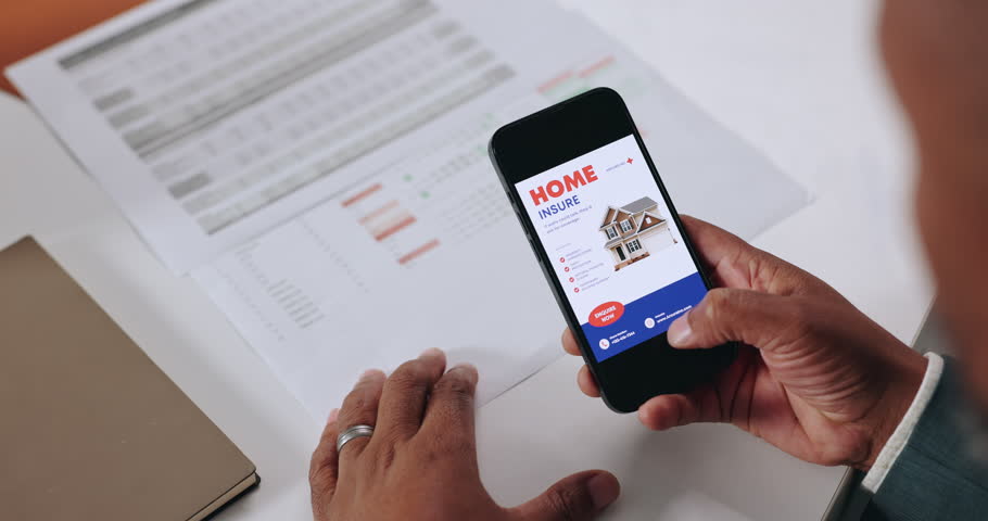 Phone screen, home insurance and hands of person for quote with document, safety and policy. Tech, office and worker on smartphone for online application, benefits or property protection on app