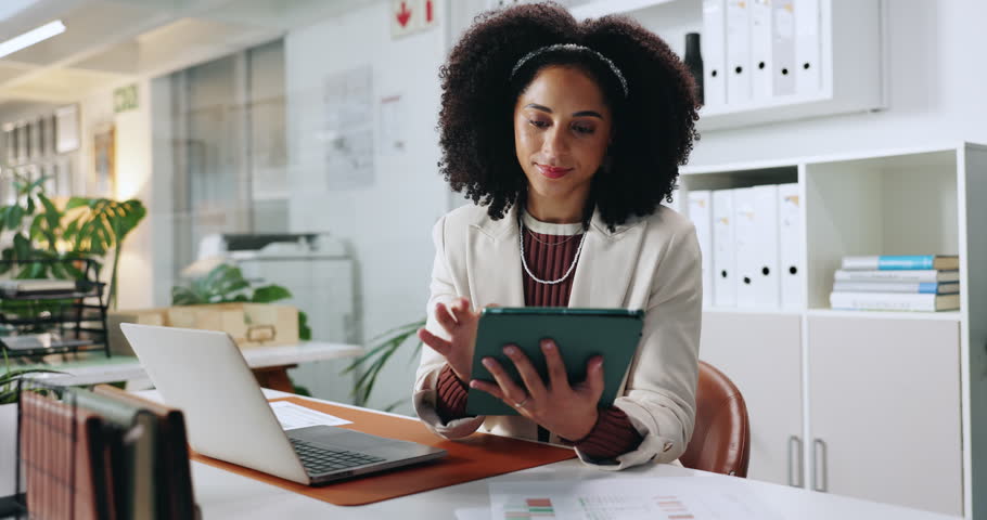 Tablet, reading and business woman in office for insurance broker, policy premium or reflection. Risk assessment analyst, digital planning and vision with person thinking in agency for cover benefits