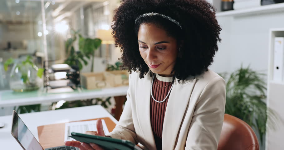 Tablet, scroll and business woman in office for insurance broker, policy premium or research. Risk assessment analyst, digital planning and online with person reading in agency for cover benefits