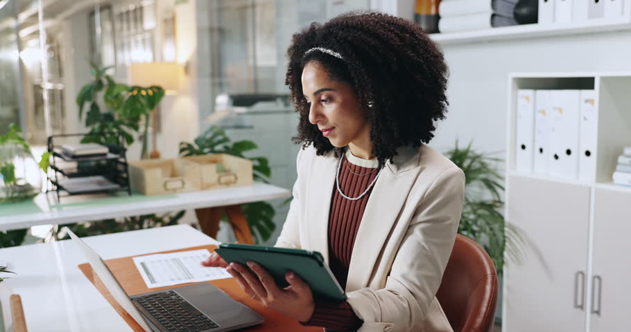 Tablet, laptop and business woman in office for insurance broker, policy premium or research. Risk assessment analyst, digital planning and online with person reading in agency for cover benefits
