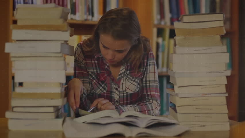 Student entering study area opening book scanning while bar charts and line chart guiding education. Intellectual, concentration, learning, knowledge, academic, research, modern