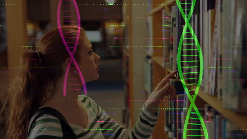 Student scanning book spines for education, showing neon DNA helix overlays while selecting volume. Education, library, futuristic, innovation, learning, technology, research - Powered by Shutterstock - Get 15% off with code: PIKWIZARD15