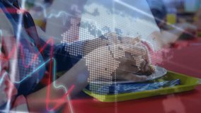 Teenage girl unwrapping sandwich in school cafeteria showing 3D data overlays while biting smiling. Teenager, lunch, data visualization, education, digital interface, school environment, youth - Powered by Shutterstock - Get 15% off with code: PIKWIZARD15