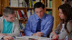 Teacher pointing worksheet causing floating panels showing math solutions for students in library. Education, collaboration, innovation, technology, learning, concentration, knowledge - Powered by Shutterstock - Get 15% off with code: PIKWIZARD15