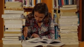 Female student opening book in library flipping pages while floating formulas boosting math focus. Learning, scholarship, concentration, academia, knowledge, study, digital - Powered by Shutterstock - Get 15% off with code: PIKWIZARD15