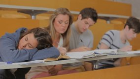 Four students in class noticing numeric overlay appearing and animating bars while friend sleeping. Education, teamwork, concentration, study, determination, presentation, analysis - Powered by Shutterstock - Get 15% off with code: PIKWIZARD15