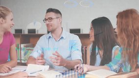 Study group starting finance discussion pointing at books and popping chart overlays for analysis. Collaboration, teamwork, education, learning, analysis, digital, academic - Powered by Shutterstock - Get 15% off with code: PIKWIZARD15