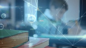 Boy writing notes while network lines emerging over books and pulsing data charts aiding study. Education, technology, learning, innovation, digital, classroom, student - Powered by Shutterstock - Get 15% off with code: PIKWIZARD15