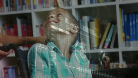 Friend pushing wheelchair past bookshelf while educational holographic data floating around boys. Companions, accessibility, innovation, learning, mentorship, inclusive, discovery - Powered by Shutterstock - Get 15% off with code: PIKWIZARD15