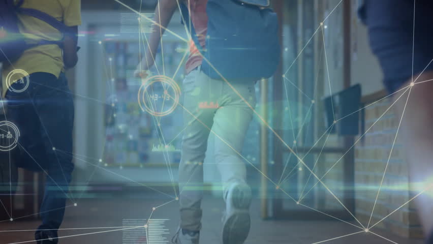Seven schoolchildren running down hallway reacting to end of class bell with animated data overlays. Kids, rush, movement, energy, corridor, education, technology - Powered by Shutterstock - Get 15% off with code: PIKWIZARD15