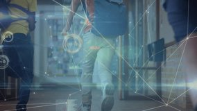 Seven schoolchildren running down hallway reacting to end of class bell with animated data overlays. Kids, rush, movement, energy, corridor, education, technology - Powered by Shutterstock - Get 15% off with code: PIKWIZARD15