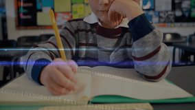 Student writing with pencil in notebook as education timelapse showing digital binary intensifying. Learning, concentration, innovation, technology, education, youthful, creativity - Powered by Shutterstock - Get 15% off with code: PIKWIZARD15