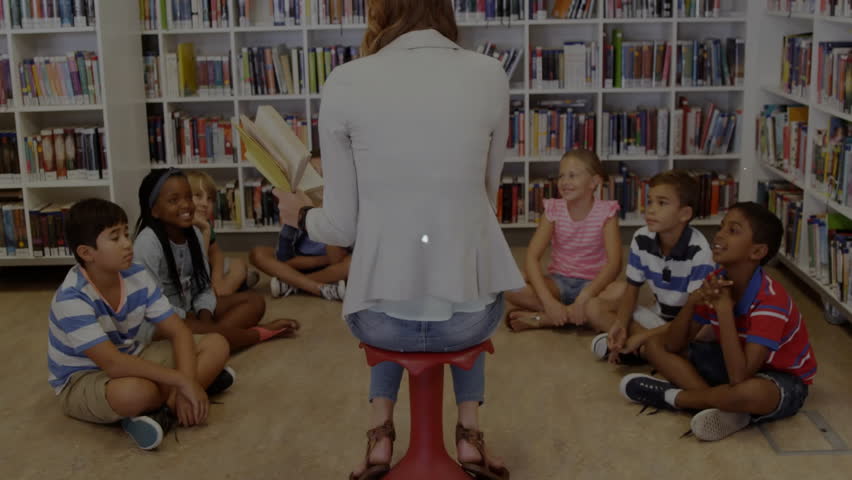 Teacher reading storybook in library animating network linking six students for education. Educator, children, literacy, innovation, connectivity, learning, visualization - Powered by Shutterstock - Get 15% off with code: PIKWIZARD15