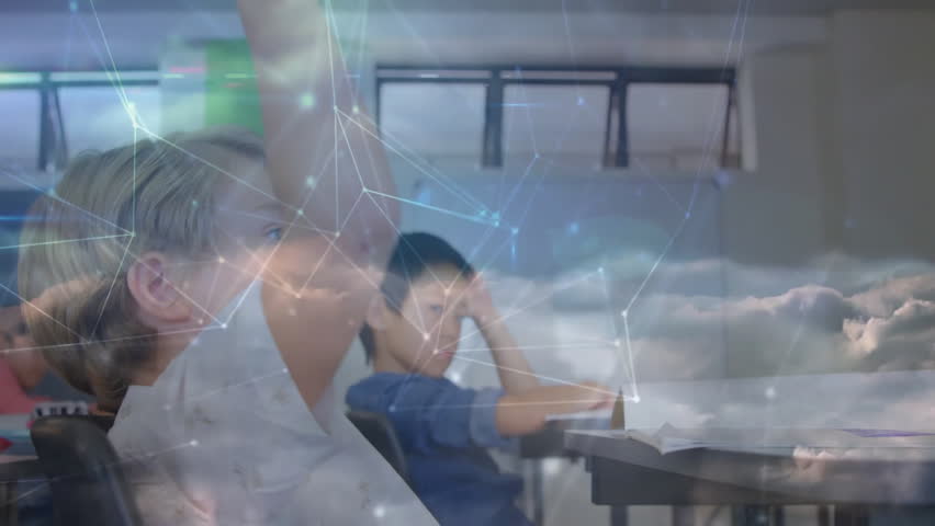 Students raising hands in classroom answering question as network graphic fading in with cloud flow. Collaboration, education, learning, communication, teamwork, technology, innovation - Powered by Shutterstock - Get 15% off with code: PIKWIZARD15