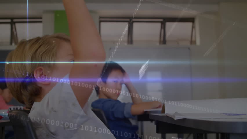 two students lifting hands responding to teacher cue in classroom with drifting binary code overlay. Collaboration, education, technology, innovation, youth, teamwork, modern - Powered by Shutterstock - Get 15% off with code: PIKWIZARD15