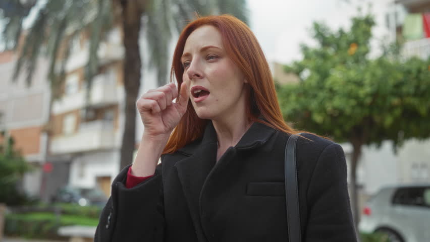 Woman coughing on city street with red hair in urban setting wearing black coat outdoors surrounded by cars and buildings.