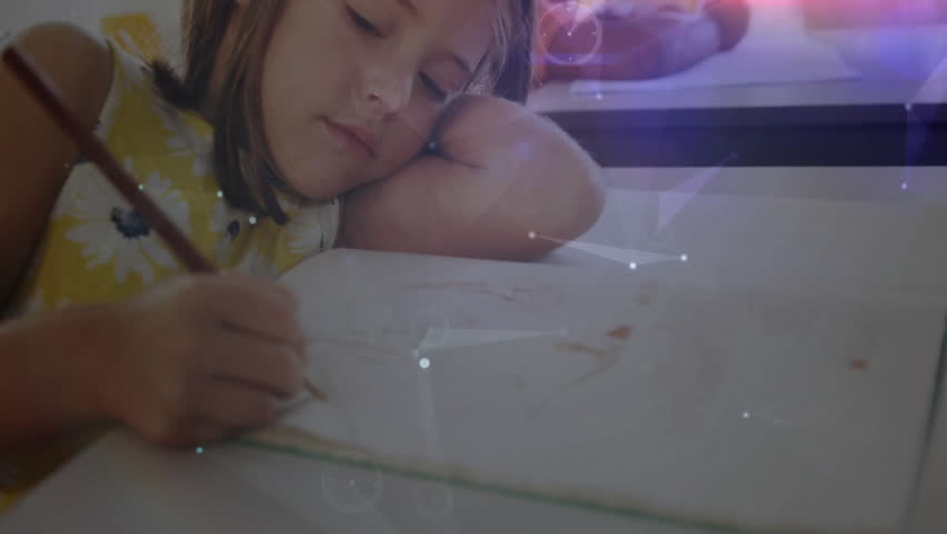 Education interface showing female student drawing, lens flare starting lines around sketchbook. Digital art, classroom learning, youthful creativity, futuristic technology, interactive design, school