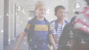 Schoolchildren moving past windows after peers joining as network icons appearing linking backpacks. Youth, education, connectivity, teamwork, collaboration, modern, vibrant - Powered by Shutterstock - Get 15% off with code: PIKWIZARD15