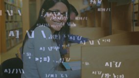 Student duo writing at carrels while glitchy code drifting and intensifying across library shelves. Collaboration, focus, concentration, academic, technology, modern, innovation - Powered by Shutterstock - Get 15% off with code: PIKWIZARD15