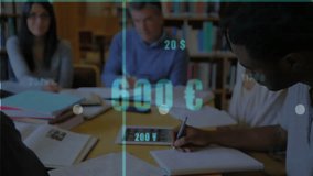 Study group tapping tablet and writing for financial analysis generating charts and trend lines. Collaboration, teamwork, education, data visualization, finance, analysis, learning - Powered by Shutterstock - Get 15% off with code: PIKWIZARD15