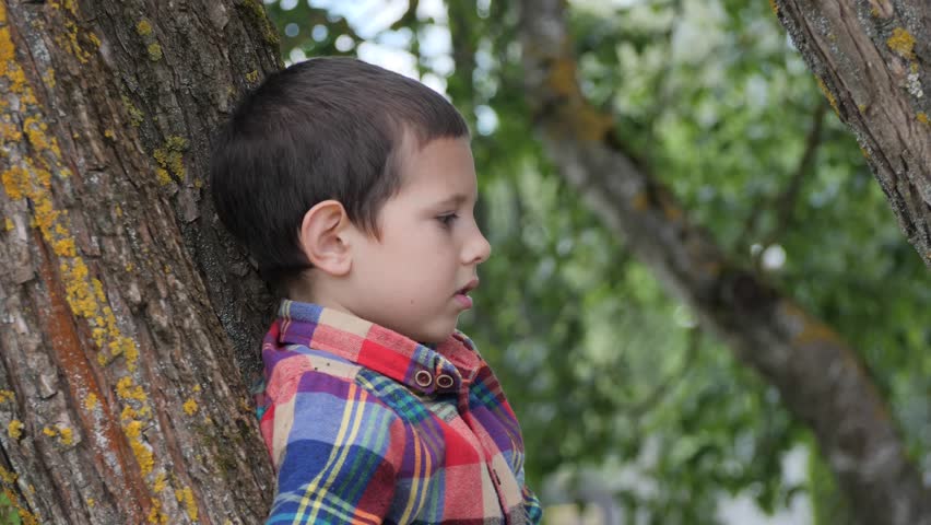 Boy with thoughtful expression leaning against a tree in a natural setting.