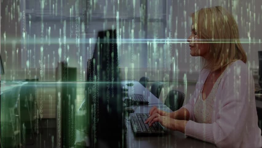Woman leaning and typing in computer lab, initiating tech demo with green code overlay and smiling. Technologist, digital interface, cybersecurity, innovation, modern workspace, data processing, - Powered by Shutterstock - Get 15% off with code: PIKWIZARD15